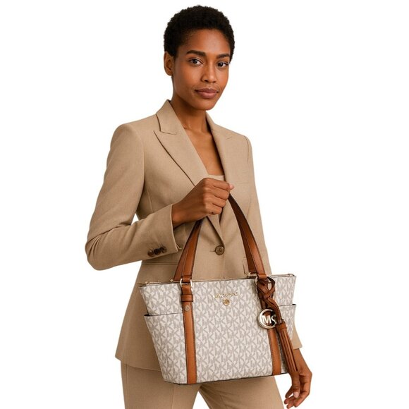 Michael Kors Sullivan Tote Bag  Vanilla Acorn Chic Convertible Style Logo Tassel - Picture 1 of 12